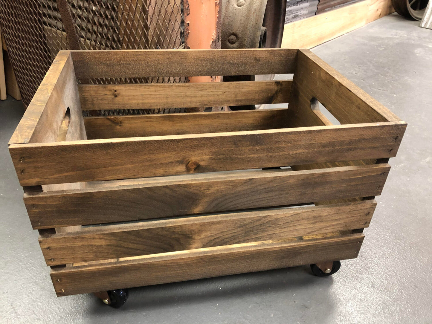 Dark Walnut Wooden Crate on Wheels