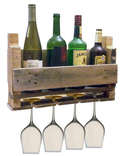 Wood Pallet Wine Rack for Four Bottles and Four Glasses